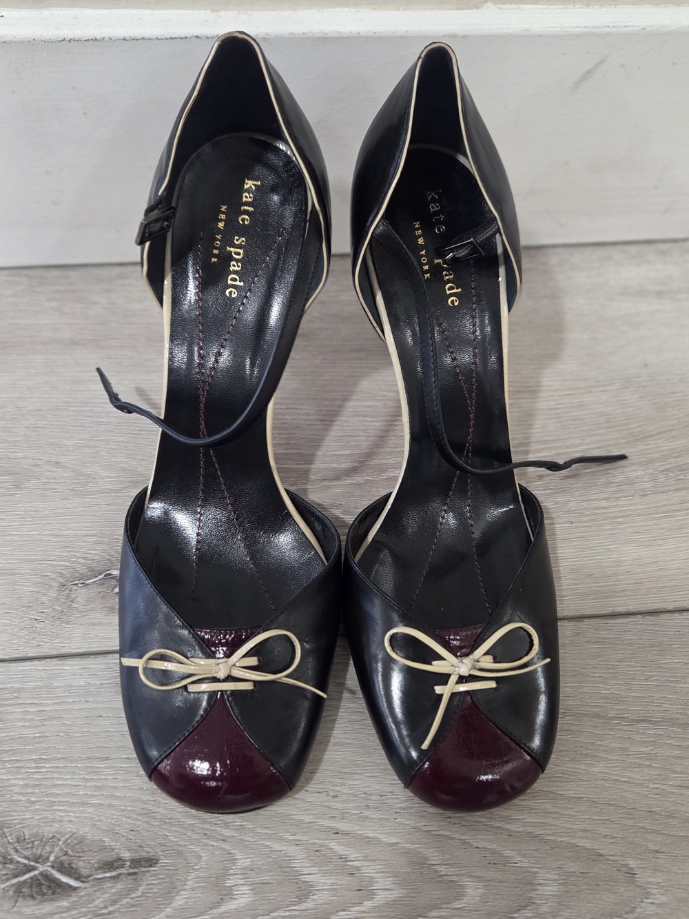 Kate Spade Black & Burgundy Two-Tone Leather D'Orsay Pumps with Cream Trim
